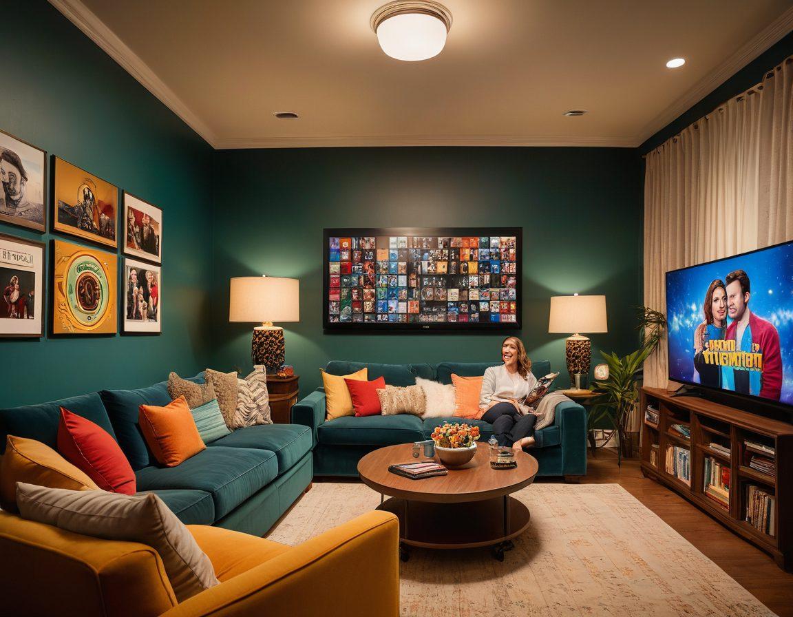 A cozy living room setting featuring a family enjoying a movie night with popcorn and drinks. The TV screen displays vibrant logos of popular free streaming services, surrounded by a cozy atmosphere with dim lighting and comfy sofas. Include film reels and a clock in the background symbolizing uninterrupted viewing. Capture the warmth and joy of family togetherness. vibrant colors. super-realistic.