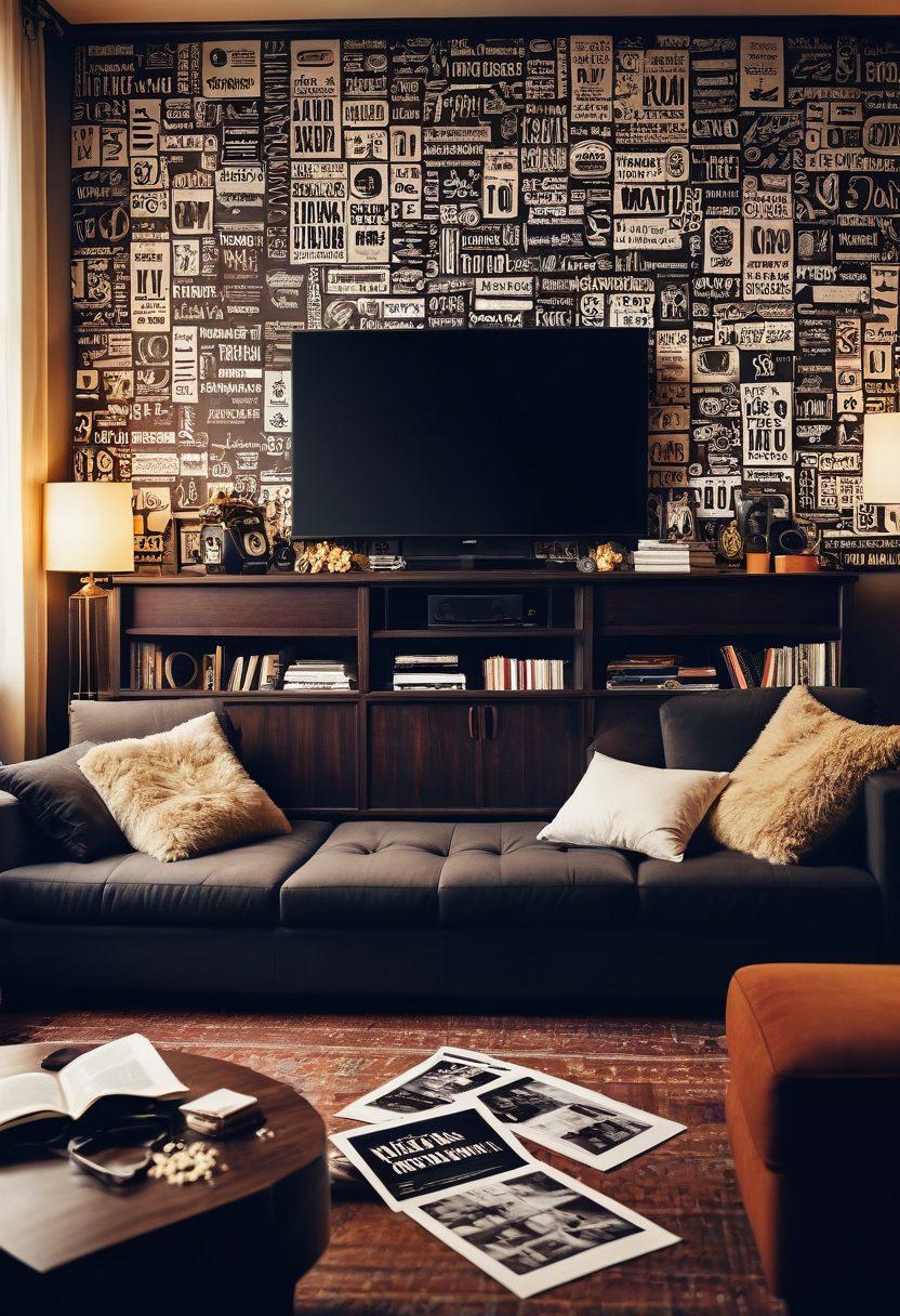 A vibrant collage showcasing various devices like laptops, tablets, and smartphones displaying popular movie and show icons, with flowing film strips and popcorn scattered around. The background features a cozy living room ambiance with soft lighting, inviting viewers into a home theater experience. Include bold text overlays with the words 'Free Streaming' in eye-catching typography. super-realistic. vibrant colors. cozy atmosphere.