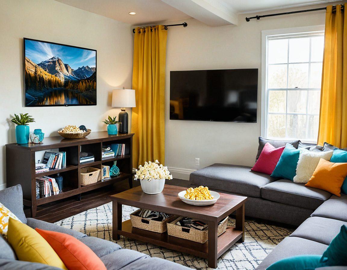 A cozy living room setup featuring a large screen displaying various movie and TV series thumbnails, a bowl of popcorn on a stylish coffee table, a comfy sofa adorned with colorful cushions, and a window with soft curtains letting in warm sunlight. The ambiance should exude a welcoming and relaxed vibe, inviting viewers to indulge in streaming. super-realistic. vibrant colors. cozy atmosphere.